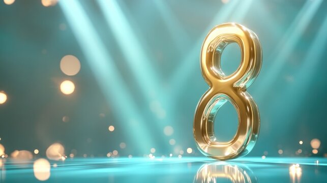 metallic golden 8 standing upright on reflective turquoise surface surrounded by soft light beams