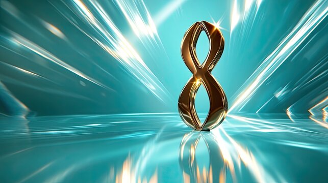 metallic golden 8 standing upright on reflective turquoise surface surrounded by soft light beams