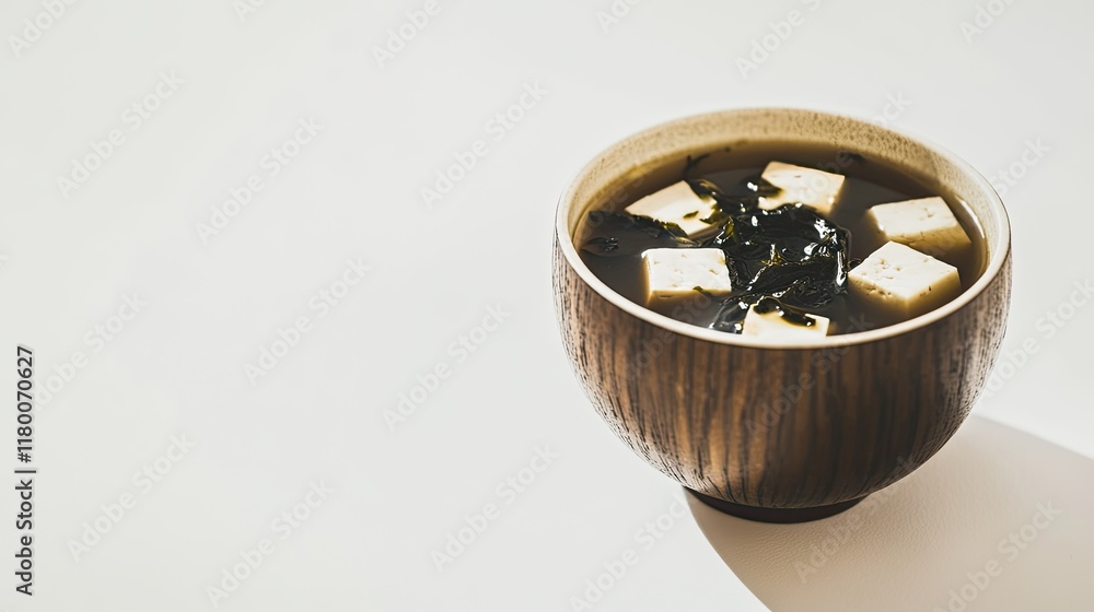 Poster minimalistic stock image of miso soup bowl with seaweed and tofu cubes resting on clean white surfac