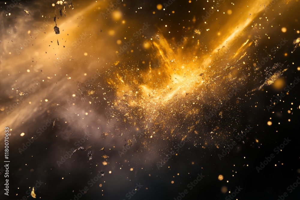 Poster explosive display of golden particles creating an energetic and vibrant atmosphere