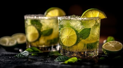 Two refreshing lime and mint cocktails with ice in rocks glasses, garnished with lime wedges and mint sprigs.