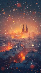 Abstract blurred bokeh lights illuminating snow-covered urban streets, creating a peaceful and magical winter scene, style book illustration