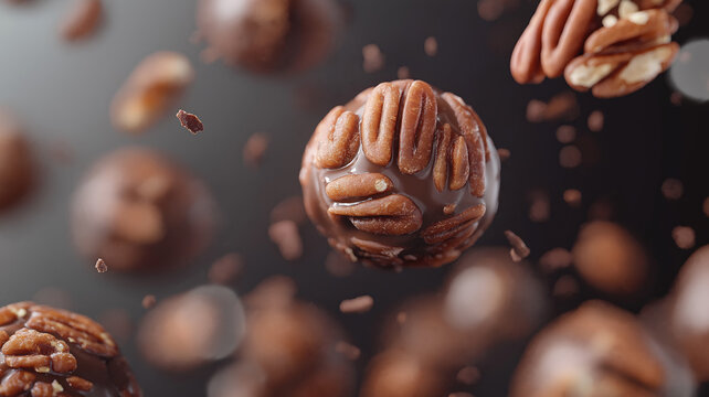 A collection of pecan balls with chocolate pecan nuts with crispy chocolate, floating in the air, uhd image, free-associative, back button focus, functionality emphasis, portraits with soft lighting
