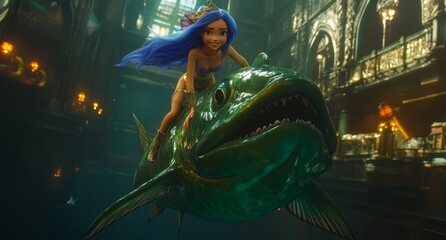 Fantasy-inspired art with animal motifs, a surreal depiction of a woman and a mammoth fish, an illustration that merges dreamlike qualities with imaginative concepts, uncovering the secrets of nature