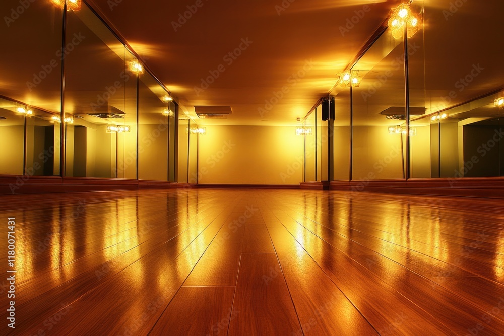 Poster serene view of empty dance studio with soft lighting illuminating hardwood floors and mirrors reflec