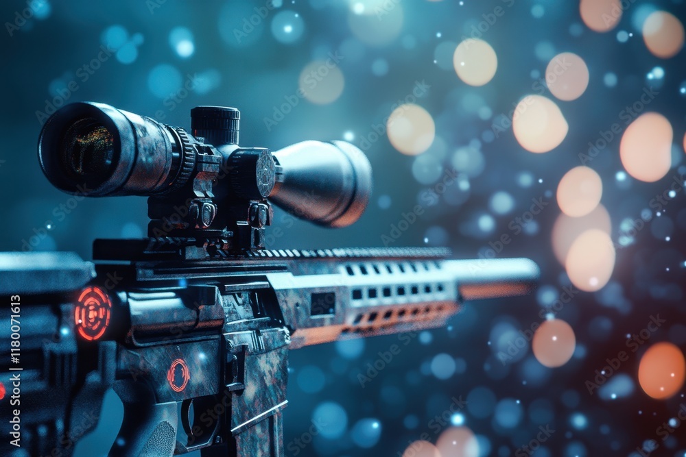 Poster advanced sniper rifle with scope and bokeh background enhances focus on weapon technology