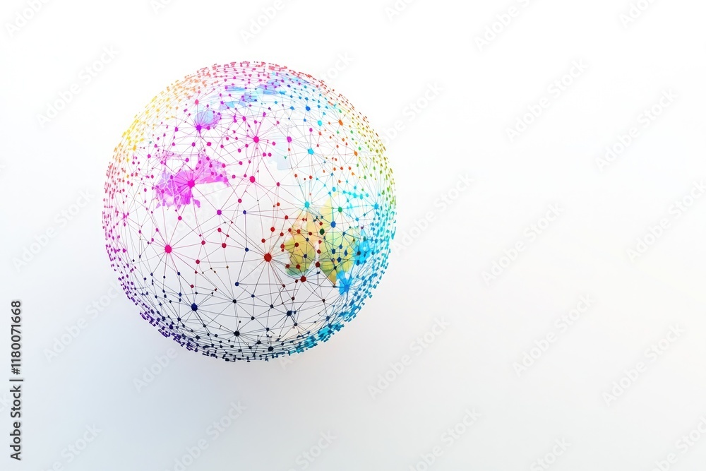 Poster simple depiction of globe with interconnected dots in various colors placed on smooth white background