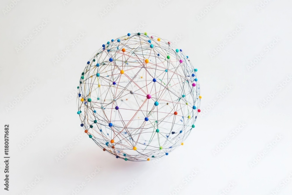 Poster simple depiction of globe with interconnected dots in various colors placed on smooth white background