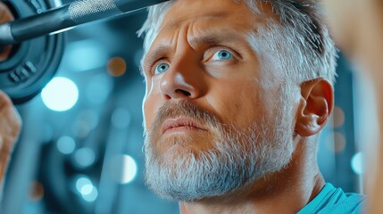 Muscular man lifting weights with focus and determination in a modern gym setting