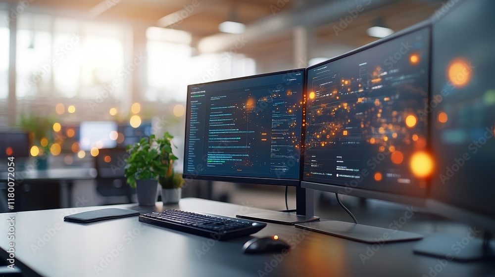 Aufkleber a modern workspace featuring dual monitors with coding interface, lush plant decoration, and warm am