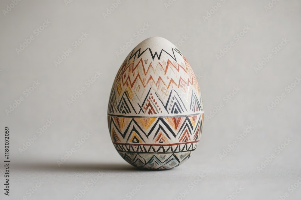 Poster single painted egg with intricate geometric patterns resting on light gray solid background