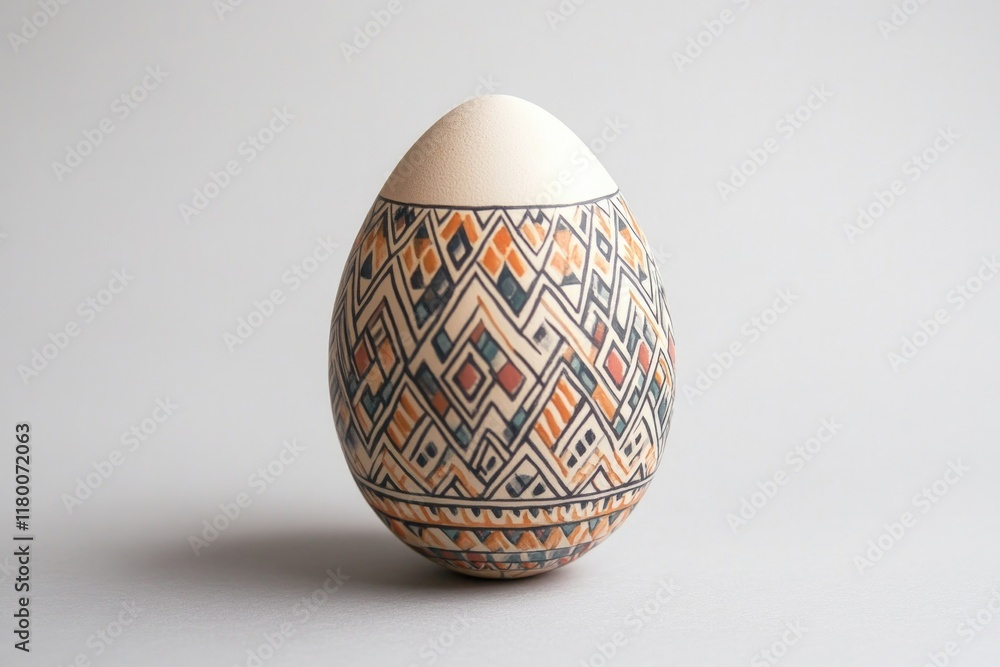 Poster single painted egg with intricate geometric patterns resting on light gray solid background