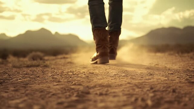 Cowboy Boots Walking on a Dusty Desert Road at Sunset