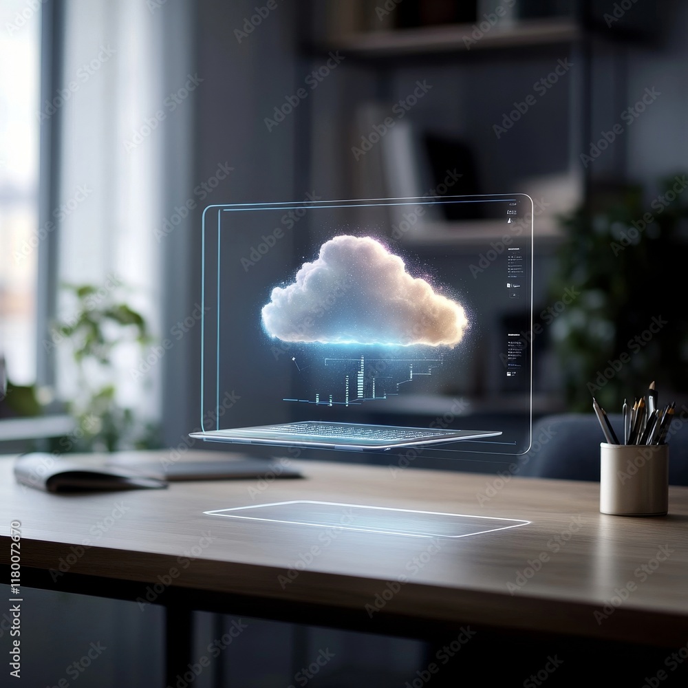 Aufkleber futuristic laptop displaying holographic cloud technology in a modern workspace with greenery, creat