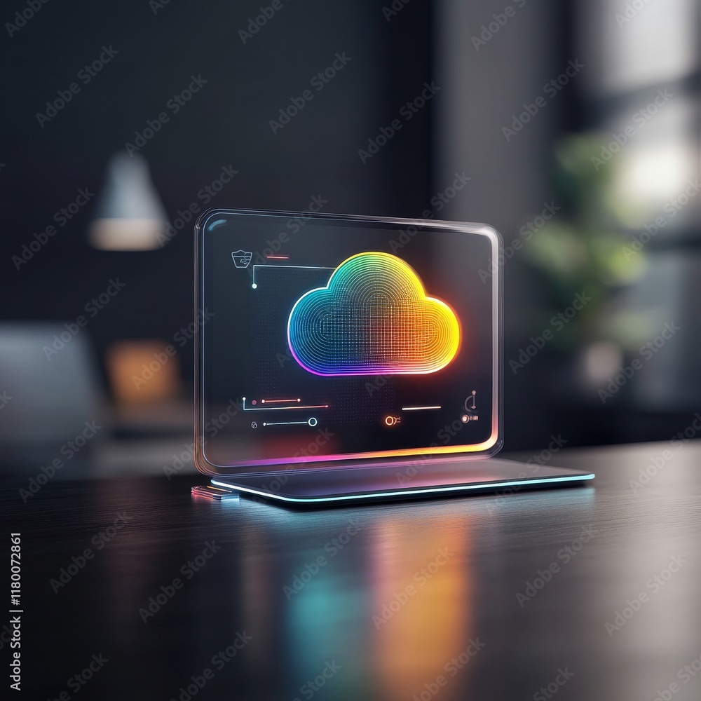 Poster futuristic transparent laptop displaying digital cloud interface in a modern office environment with