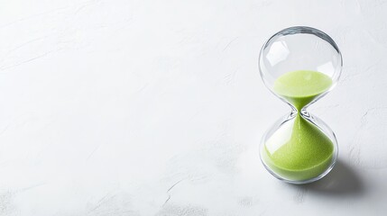 symbolic hourglass filled with green sand placed on smooth white background with faint natural shadows