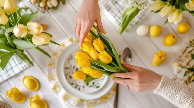 Arranging yellow tulips with spring decorations on a bright table for an elegant floral display
