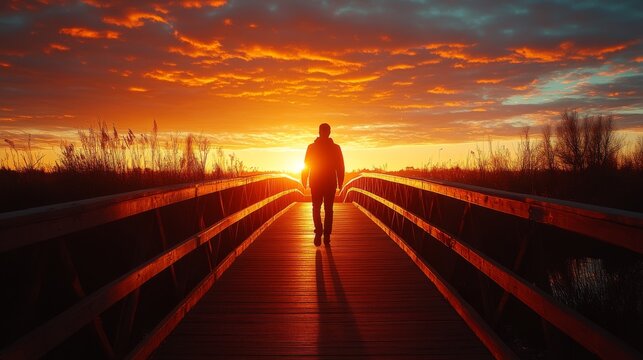 A silhouette of a person walking on a wooden bridge at sunset, surrounded by vibrant orange and blue skies
