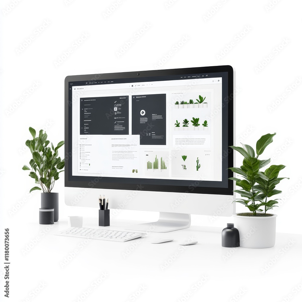 Poster modern workspace with computer displaying contemporary design and green plants in minimalist style, 