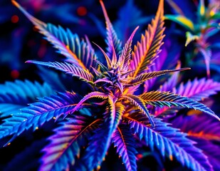 Vibrant cannabis plant, close-up macro photography, neon colors, electric blue and hot pink leaves, psychedelic effect, high contrast