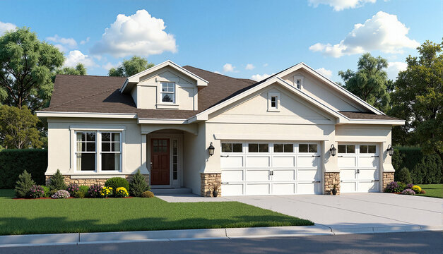 Modern house exterior with landscaped garden and clear sky