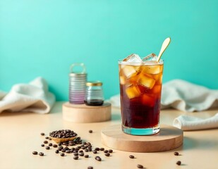 Iced coffee in a tall glass, Ice cubes, Wooden coaster, Coffee beans scattered, Metal coffee canisters, Teal background, Soft fabric napkin