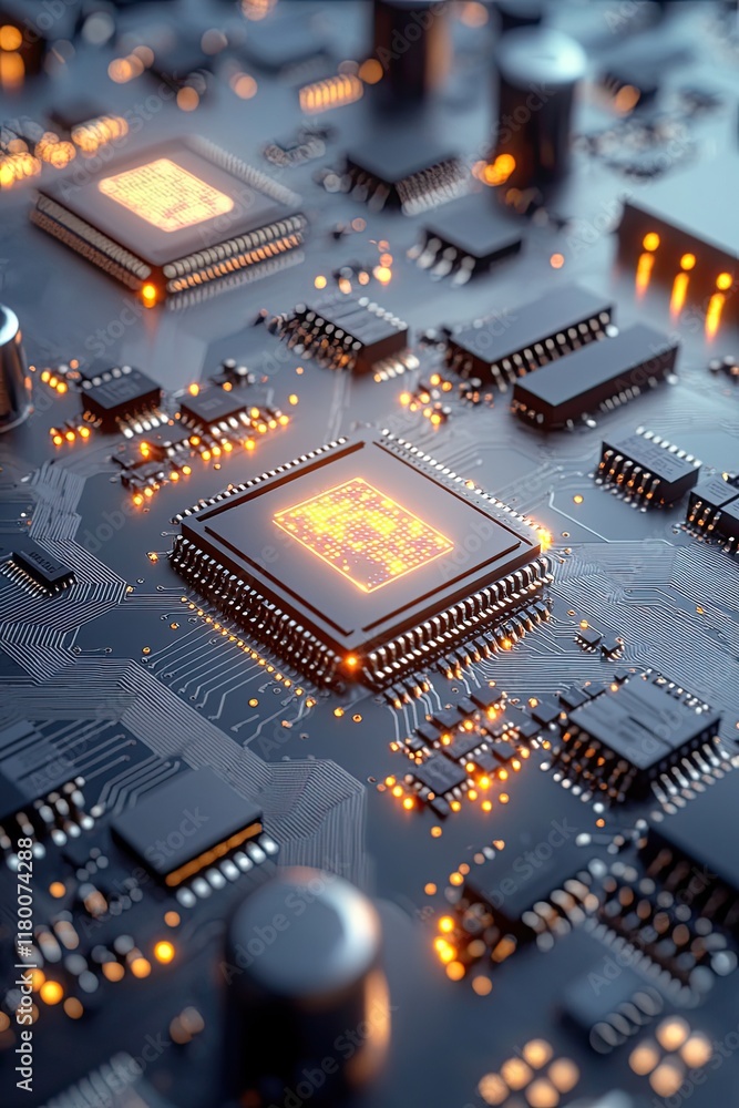 Poster close-up of circuit board with integrated ai chips glowing softly representing cutting-edge technolo