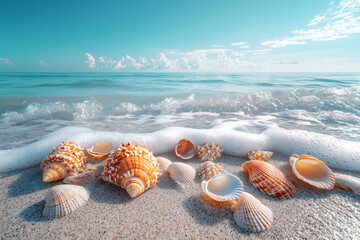 A variety of colorful seashells on a sandy beach with the ocean in the background