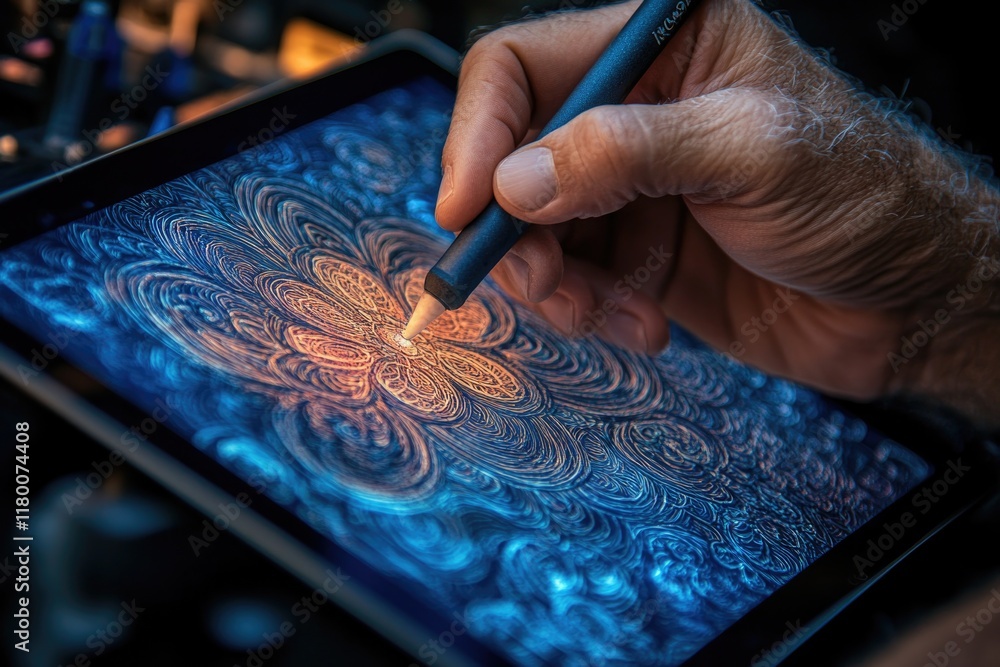 Poster close-up of digital artist sketching intricate pattern on tablet with glowing screen providing depth