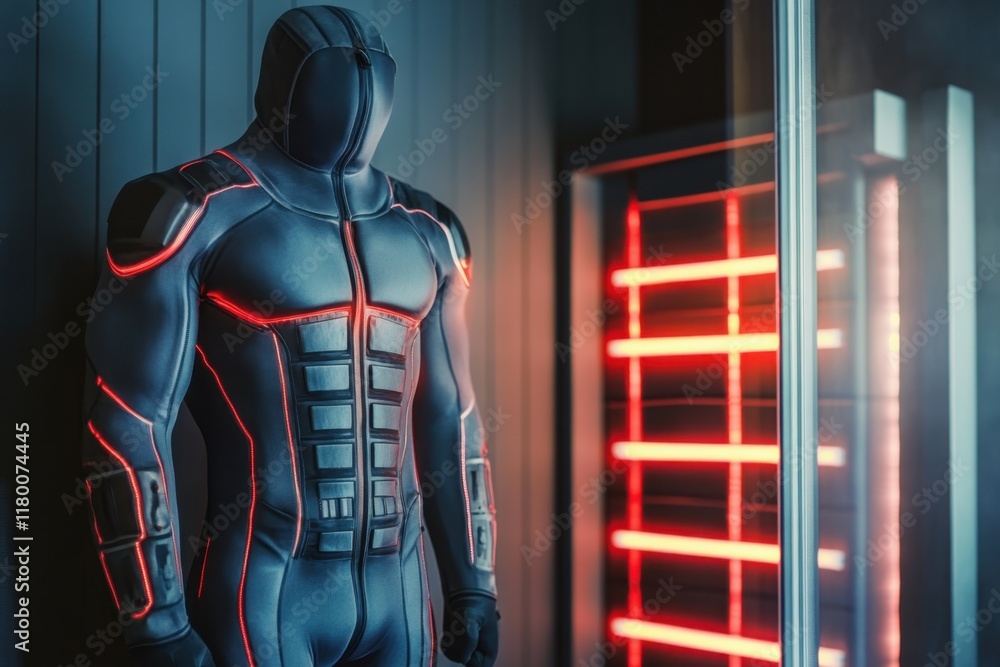 Poster futuristic suit displayed in a modern setting with glowing elements