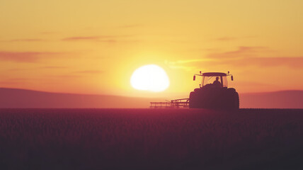 Fototapeta premium A tractor sprays an agricultural field with fertilizer on a sunset evening. Drone view. Illustration by Generative AI.