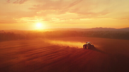 Fototapeta premium A tractor sprays an agricultural field with fertilizer on a sunset evening. Drone view. Illustration by Generative AI.