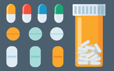 Pharmacy, medicine and healthcare different types of medicaments, drugs, pills with bottles. Flat vector illustration isolated. Healthcare items. Made your pills bottle