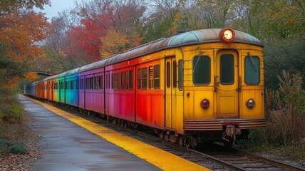 Obraz premium Vintage Train Car Painted in Vibrant Colors on Autumn Tracks