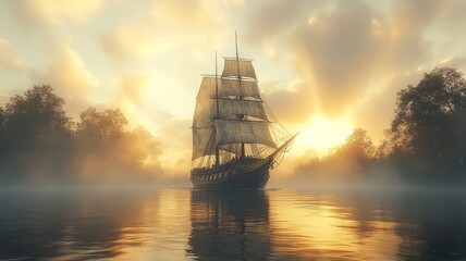Obraz premium Sunlit Sailing Ship on Misty River at Sunrise