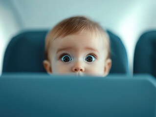 Curious baby peeking over airplane seat during flight with wide eyed expression