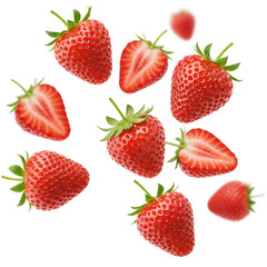 Fresh strawberries with green leaves isolated on a transparent background PNG, showcasing their vibrant red color and smooth texture.

