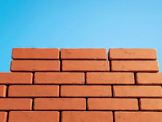 Fototapeta premium Stacked red bricks forming solid wall against clear blue sky during daylight
