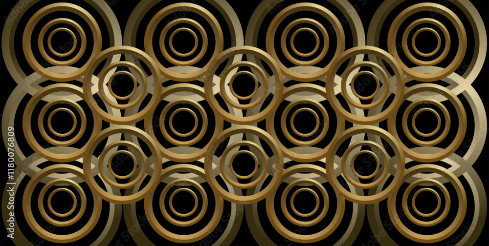 Poster composition of geometric lines and planes in the form of repeating circles with golden brown gradati