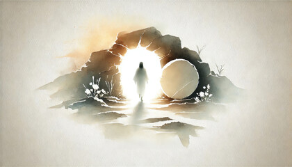 Easter Morning: Jesus rises from the tomb, surrounded by glowing light. Digital watercolor painting. 