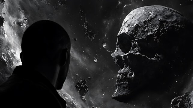 Bald man facing cosmic skull in space