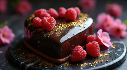 Chocolate cake with fresh raspberries and edible gold on a marble surface surrounded by pink flowers