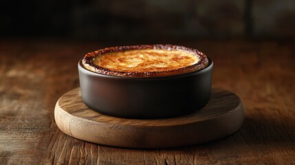 Indulgent crme brulee served in a rustic ramekin on a wooden board