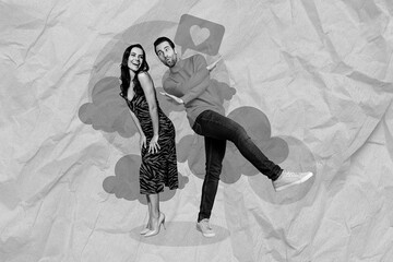 Creative collage picture of two excited carefree people black white gamma dancing like notification...