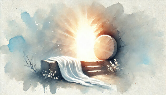 Easter Morning: The empty tomb with the stone rolled away, radiant light pouring out, and a glowing shroud folded neatly. Digital watercolor painting.