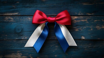 Elegant Red Bow Ribbon Knot on Rustic Wooden Background for Holiday
