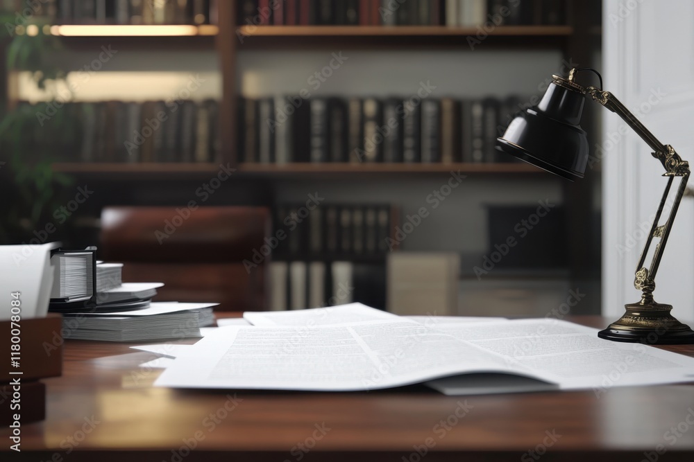 Poster workspace with stacks of papers and a desk lamp in a cozy library setting