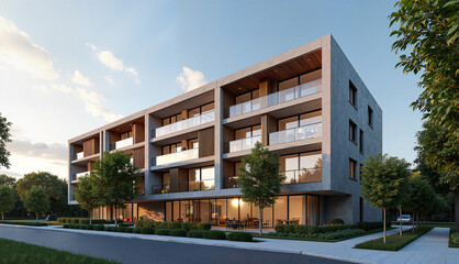 Modern residential building with greenery and evening sky