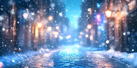 Abstract blurred bokeh lights illuminating snow-covered urban streets, creating a peaceful and magical winter scene, style book illustration
