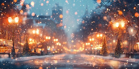 Abstract blurred bokeh lights illuminating snow-covered urban streets, creating a peaceful and magical winter scene, style book illustration